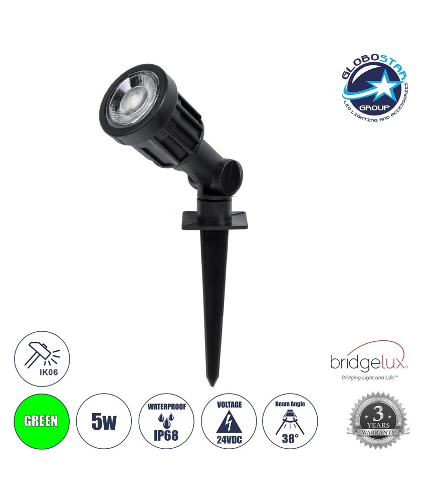 GLOBOSTAR® GARDENINI 61544 Φωτιστικό Σποτ για Φυτά - Δέντρα με Βάση Κήπου - Καρφωτό LED 5W 550lm 38° DC 24V Αδιάβροχο IP68 Πράσινο Dimmable - Lumileds SMD Chip - Μαύρο - Μ5.5 x Π5.5 x Υ13.5cm - 3 Χρόνια Εγγύηση